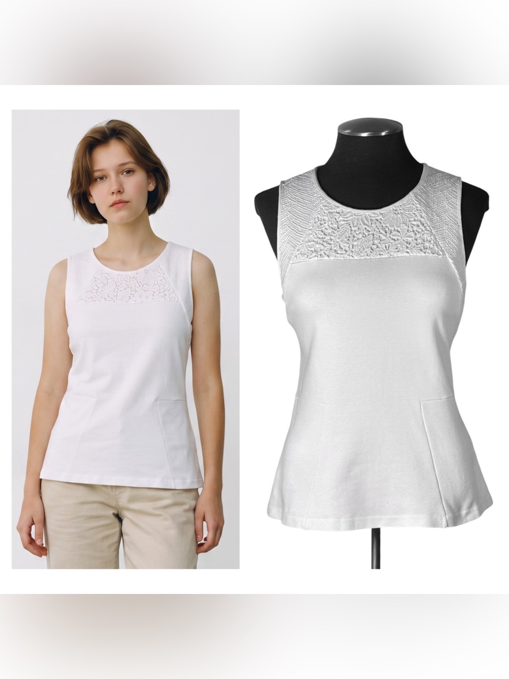 🆕 J.Crew – White Structured Mixed Lace Cotton Blend Sleeveless Top – Size Small
